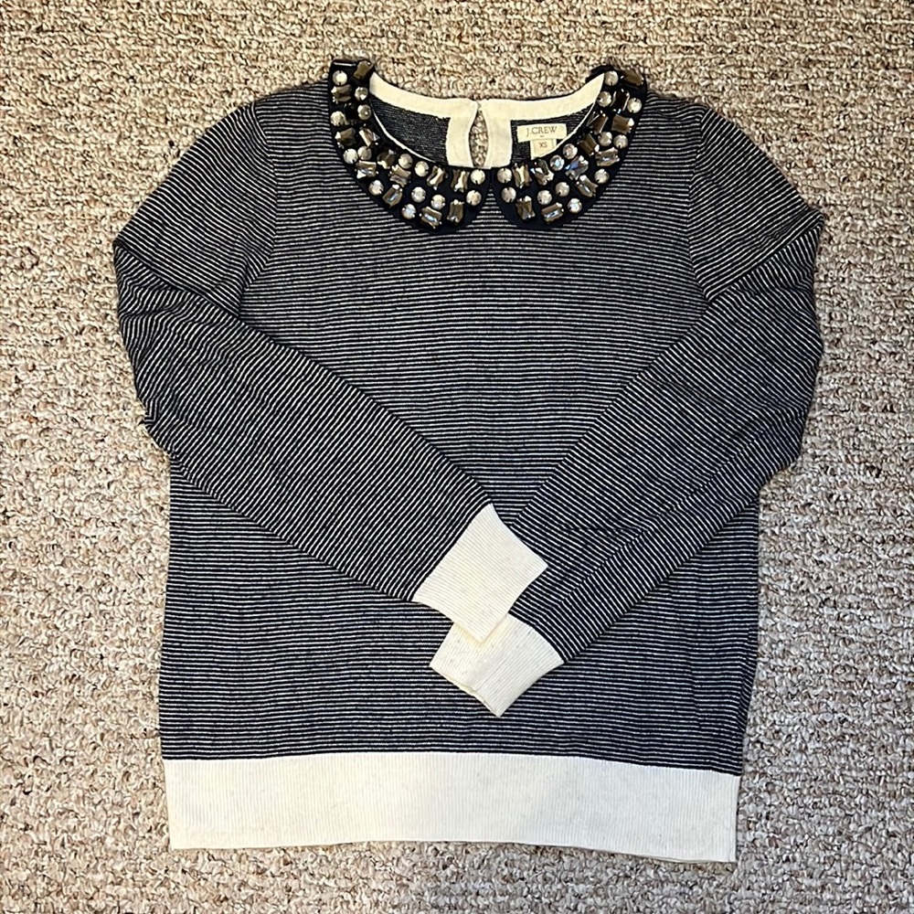 J. Crew Navy Striped Merino Wool Sweater with Jeweled Collar, Size XS